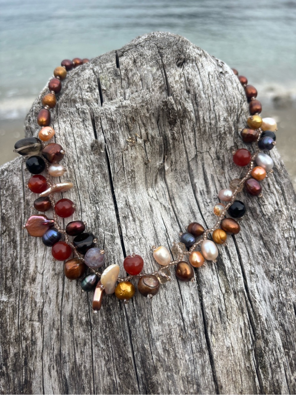 Freshwater Pearl Gemstone Fringe Necklace •  Carnelian Smoky Quartz Agate Boho